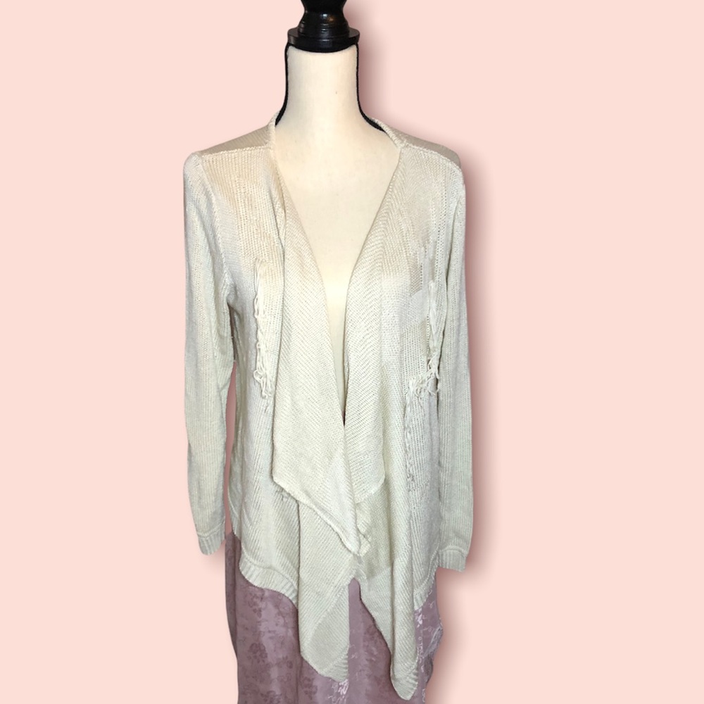 Ivory Fringe Open Front Cardigan SEE MEASUREMENTS